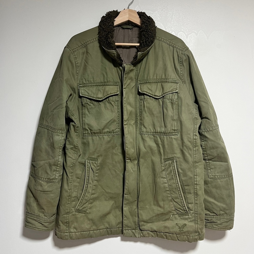 American Eagle Green Field Jacket with Faux Fur Collar